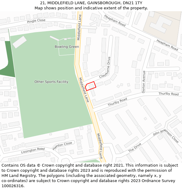 21, MIDDLEFIELD LANE, GAINSBOROUGH, DN21 1TY: Location map and indicative extent of plot