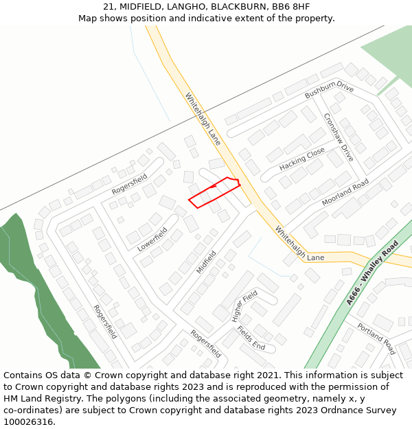 21, MIDFIELD, LANGHO, BLACKBURN, BB6 8HF: Location map and indicative extent of plot