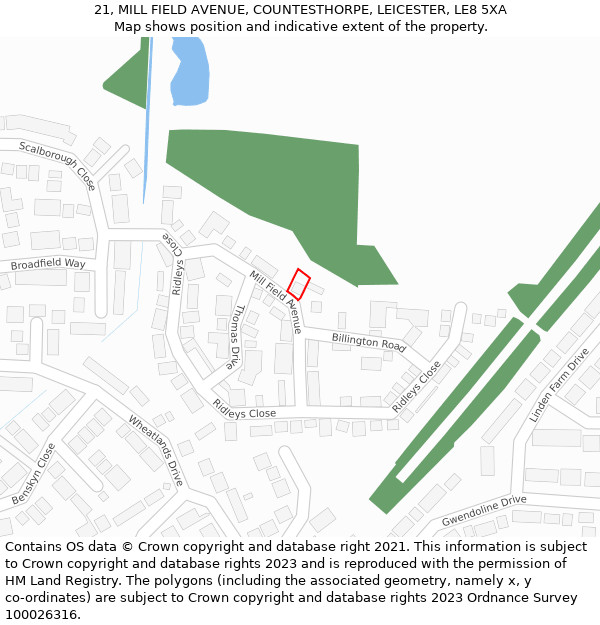 21, MILL FIELD AVENUE, COUNTESTHORPE, LEICESTER, LE8 5XA: Location map and indicative extent of plot