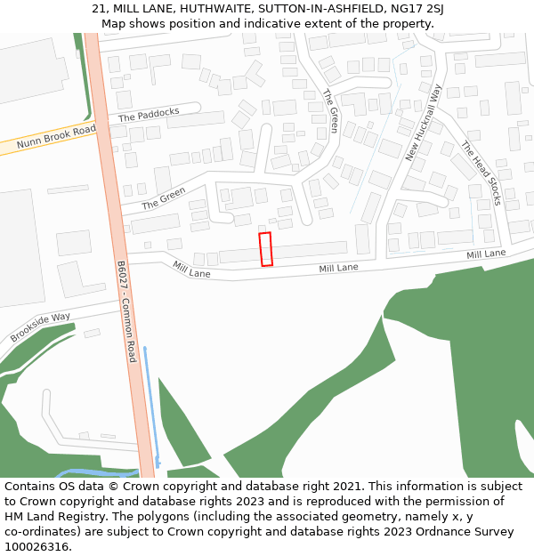 21, MILL LANE, HUTHWAITE, SUTTON-IN-ASHFIELD, NG17 2SJ: Location map and indicative extent of plot