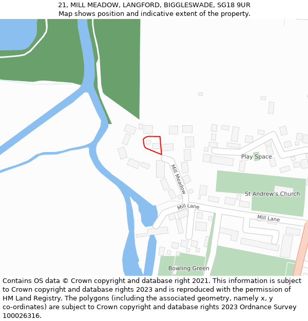 21, MILL MEADOW, LANGFORD, BIGGLESWADE, SG18 9UR: Location map and indicative extent of plot