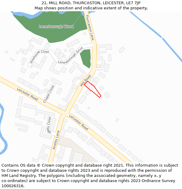 21, MILL ROAD, THURCASTON, LEICESTER, LE7 7JP: Location map and indicative extent of plot