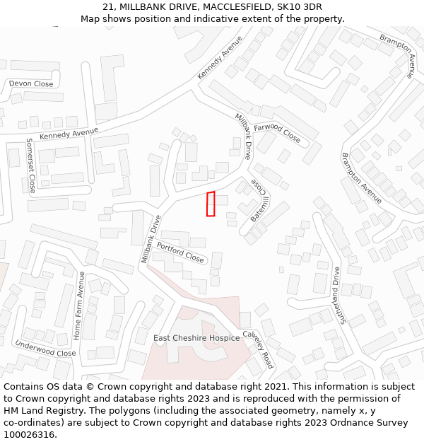 21, MILLBANK DRIVE, MACCLESFIELD, SK10 3DR: Location map and indicative extent of plot