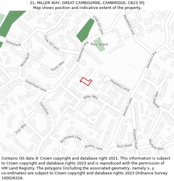 21, MILLER WAY, GREAT CAMBOURNE, CAMBRIDGE, CB23 5FJ: Location map and indicative extent of plot