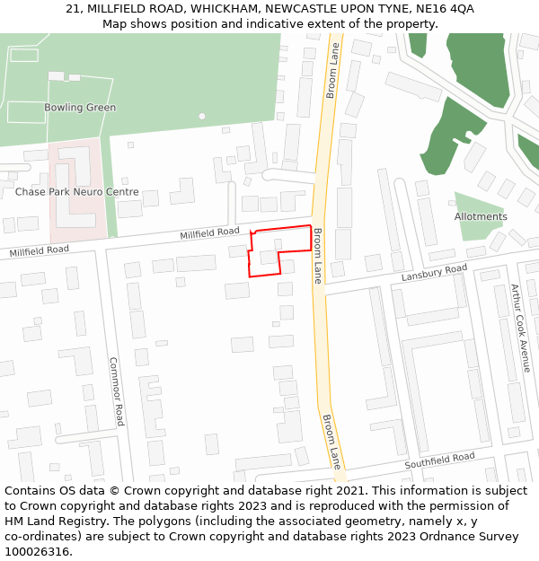 21, MILLFIELD ROAD, WHICKHAM, NEWCASTLE UPON TYNE, NE16 4QA: Location map and indicative extent of plot