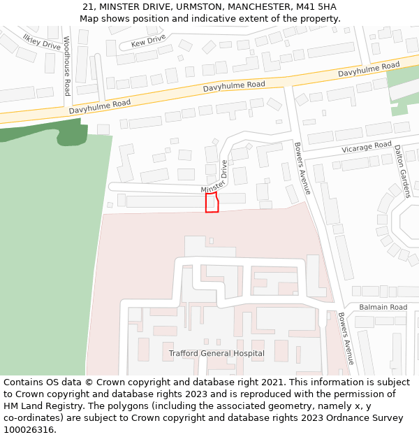 21, MINSTER DRIVE, URMSTON, MANCHESTER, M41 5HA: Location map and indicative extent of plot