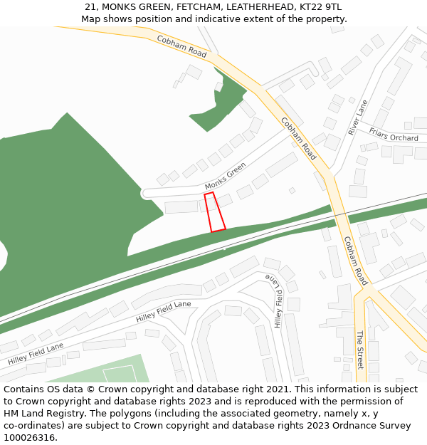 21, MONKS GREEN, FETCHAM, LEATHERHEAD, KT22 9TL: Location map and indicative extent of plot