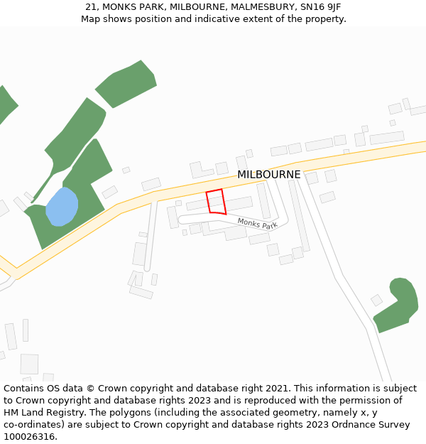 21, MONKS PARK, MILBOURNE, MALMESBURY, SN16 9JF: Location map and indicative extent of plot