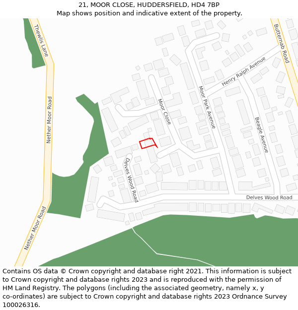 21, MOOR CLOSE, HUDDERSFIELD, HD4 7BP: Location map and indicative extent of plot