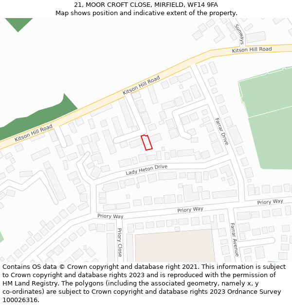 21, MOOR CROFT CLOSE, MIRFIELD, WF14 9FA: Location map and indicative extent of plot