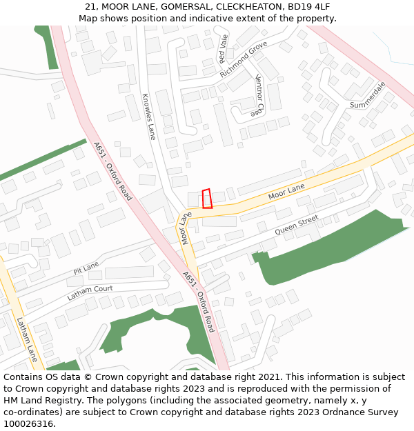 21, MOOR LANE, GOMERSAL, CLECKHEATON, BD19 4LF: Location map and indicative extent of plot