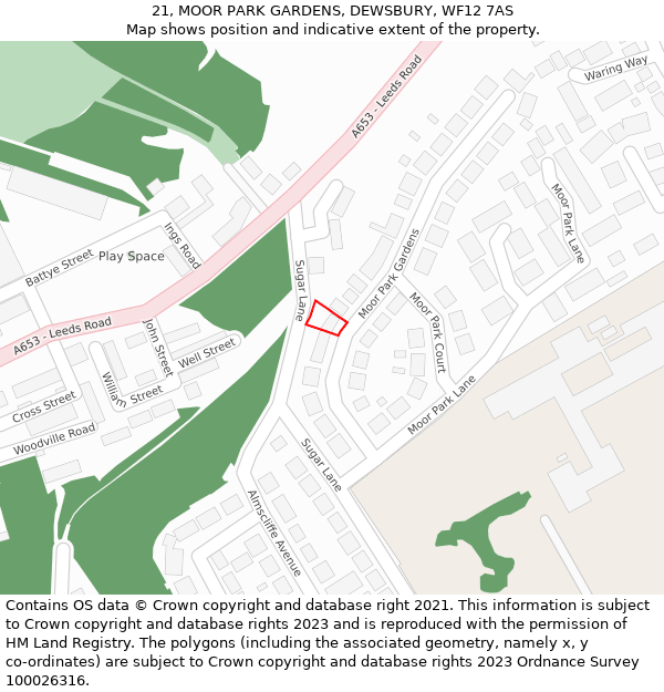 21, MOOR PARK GARDENS, DEWSBURY, WF12 7AS: Location map and indicative extent of plot