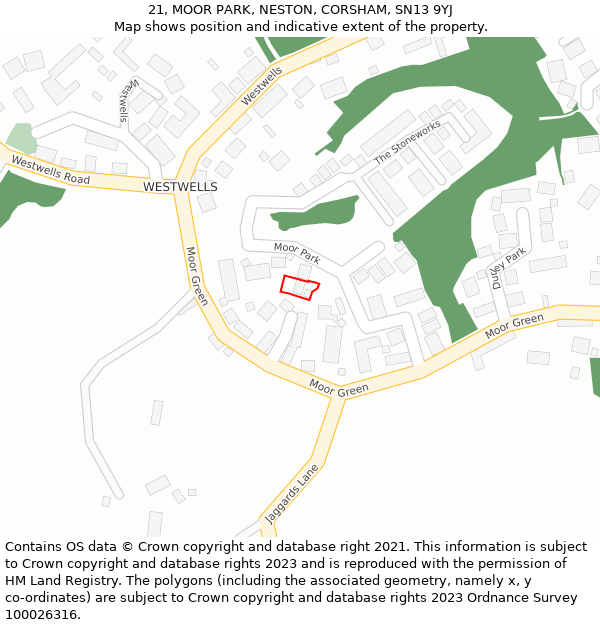 21, MOOR PARK, NESTON, CORSHAM, SN13 9YJ: Location map and indicative extent of plot