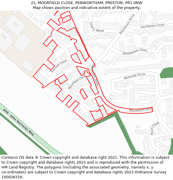 21, MOORFIELD CLOSE, PENWORTHAM, PRESTON, PR1 0NW: Location map and indicative extent of plot