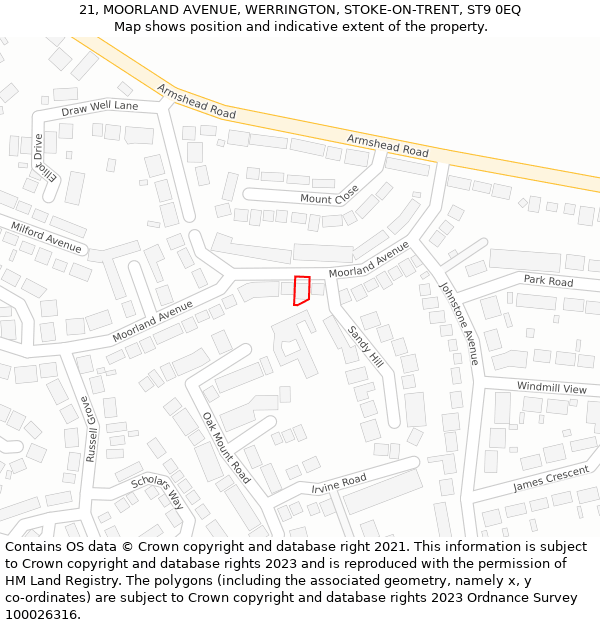 21, MOORLAND AVENUE, WERRINGTON, STOKE-ON-TRENT, ST9 0EQ: Location map and indicative extent of plot