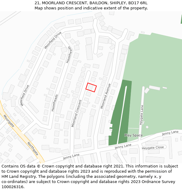 21, MOORLAND CRESCENT, BAILDON, SHIPLEY, BD17 6RL: Location map and indicative extent of plot