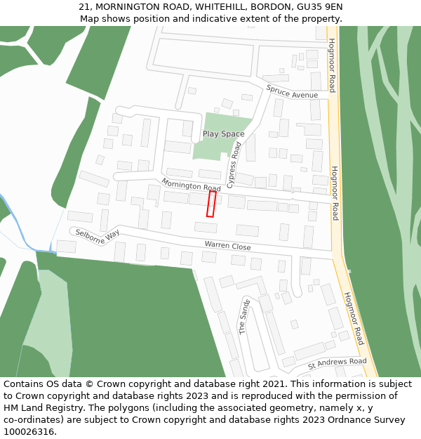 21, MORNINGTON ROAD, WHITEHILL, BORDON, GU35 9EN: Location map and indicative extent of plot