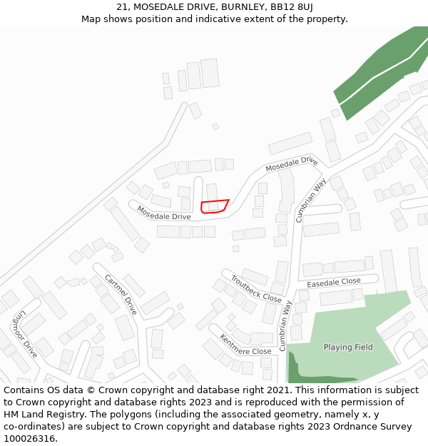 21, MOSEDALE DRIVE, BURNLEY, BB12 8UJ: Location map and indicative extent of plot