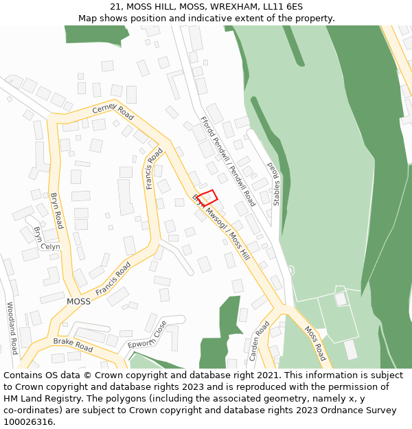 21, MOSS HILL, MOSS, WREXHAM, LL11 6ES: Location map and indicative extent of plot