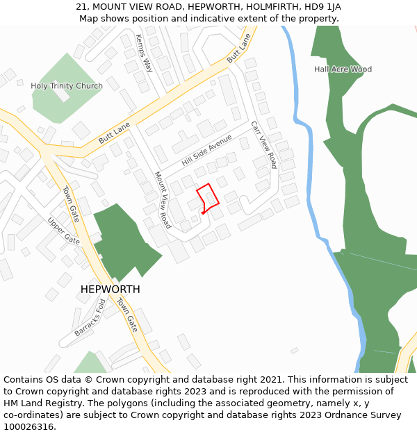 21, MOUNT VIEW ROAD, HEPWORTH, HOLMFIRTH, HD9 1JA: Location map and indicative extent of plot