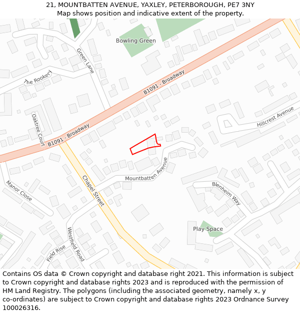 21, MOUNTBATTEN AVENUE, YAXLEY, PETERBOROUGH, PE7 3NY: Location map and indicative extent of plot