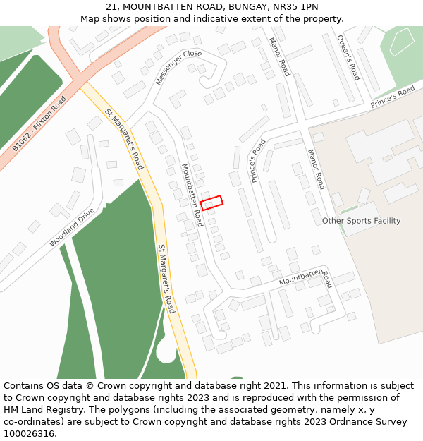 21, MOUNTBATTEN ROAD, BUNGAY, NR35 1PN: Location map and indicative extent of plot