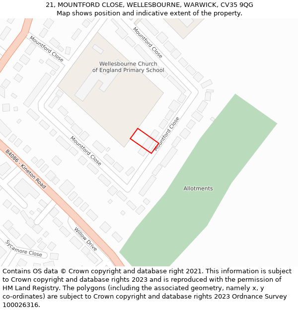21, MOUNTFORD CLOSE, WELLESBOURNE, WARWICK, CV35 9QG: Location map and indicative extent of plot