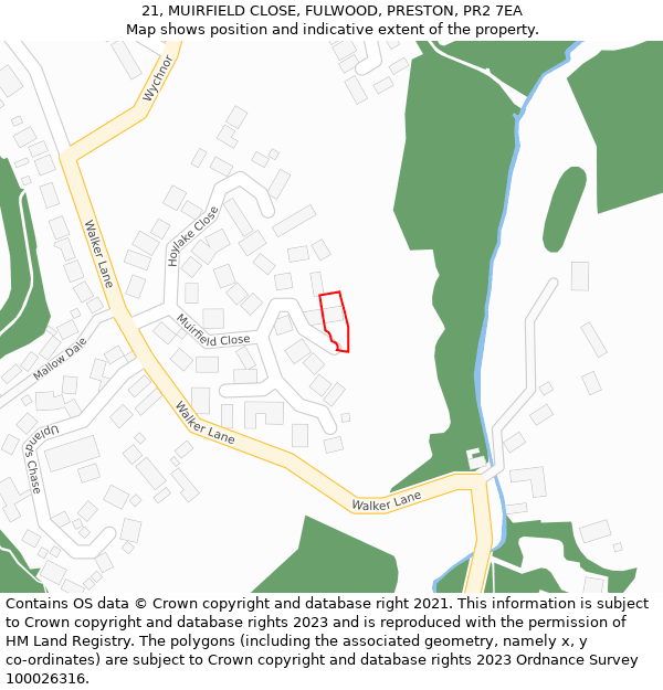 21, MUIRFIELD CLOSE, FULWOOD, PRESTON, PR2 7EA: Location map and indicative extent of plot