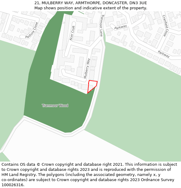 21, MULBERRY WAY, ARMTHORPE, DONCASTER, DN3 3UE: Location map and indicative extent of plot