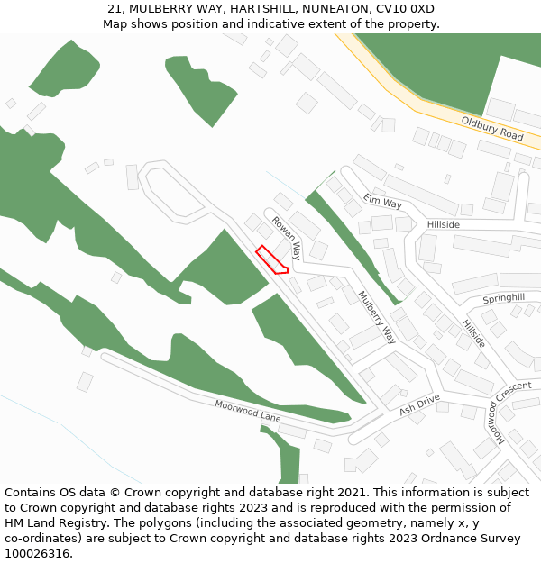 21, MULBERRY WAY, HARTSHILL, NUNEATON, CV10 0XD: Location map and indicative extent of plot