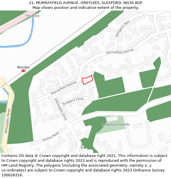21, MURRAYFIELD AVENUE, GREYLEES, SLEAFORD, NG34 8GP: Location map and indicative extent of plot