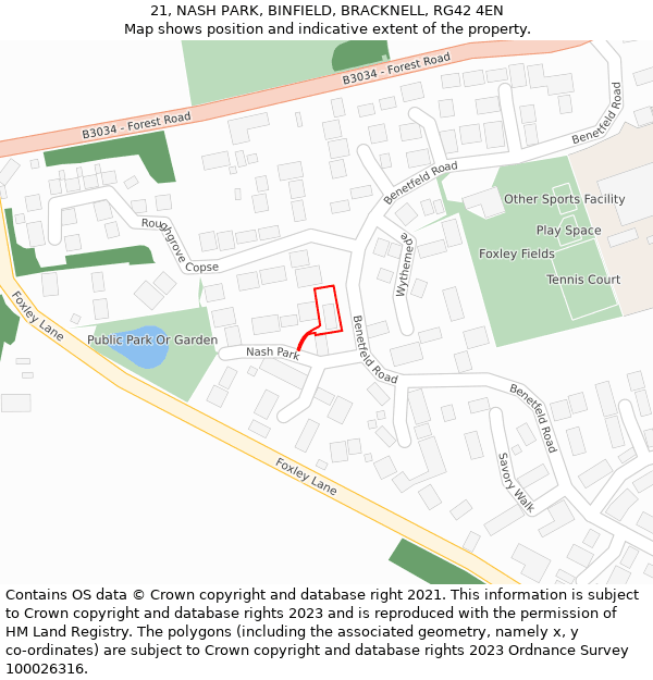 21, NASH PARK, BINFIELD, BRACKNELL, RG42 4EN: Location map and indicative extent of plot