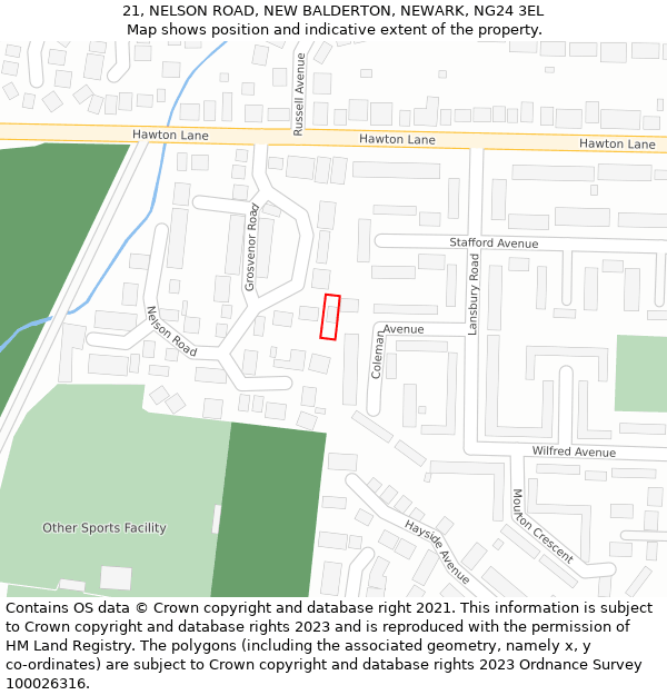 21, NELSON ROAD, NEW BALDERTON, NEWARK, NG24 3EL: Location map and indicative extent of plot
