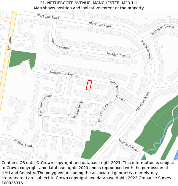 21, NETHERCOTE AVENUE, MANCHESTER, M23 1LL: Location map and indicative extent of plot