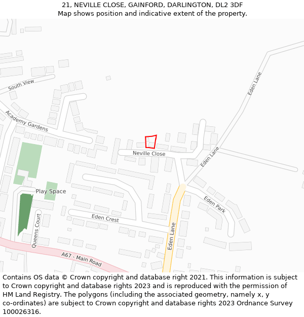 21, NEVILLE CLOSE, GAINFORD, DARLINGTON, DL2 3DF: Location map and indicative extent of plot