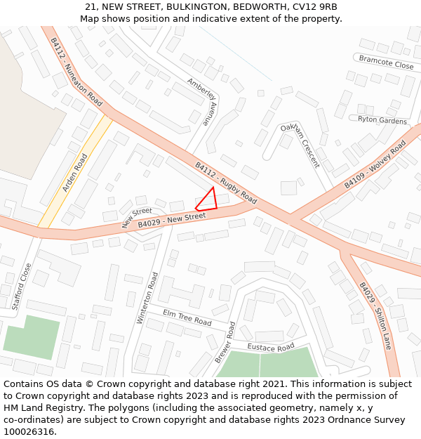 21, NEW STREET, BULKINGTON, BEDWORTH, CV12 9RB: Location map and indicative extent of plot