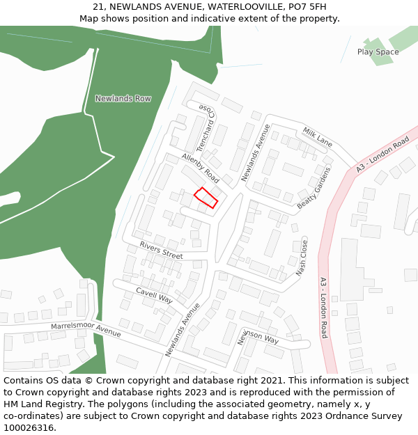 21, NEWLANDS AVENUE, WATERLOOVILLE, PO7 5FH: Location map and indicative extent of plot