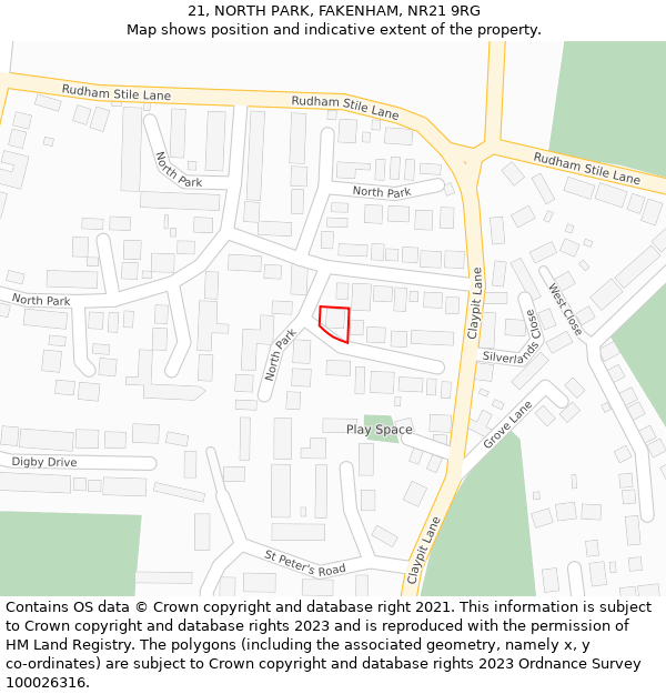 21, NORTH PARK, FAKENHAM, NR21 9RG: Location map and indicative extent of plot