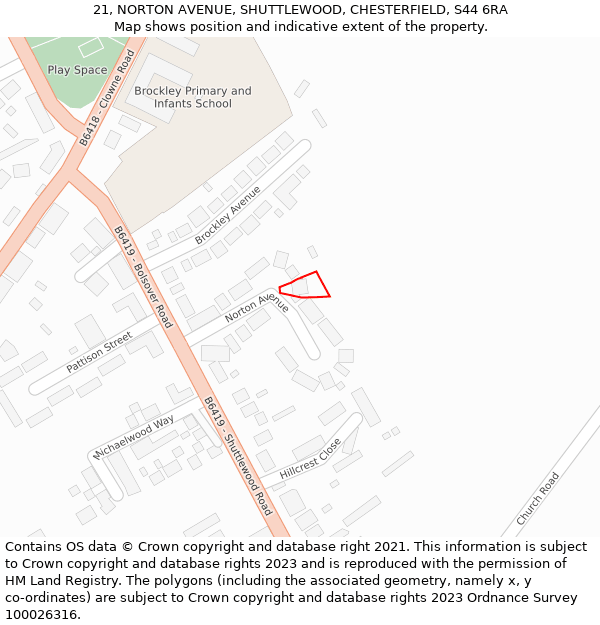 21, NORTON AVENUE, SHUTTLEWOOD, CHESTERFIELD, S44 6RA: Location map and indicative extent of plot