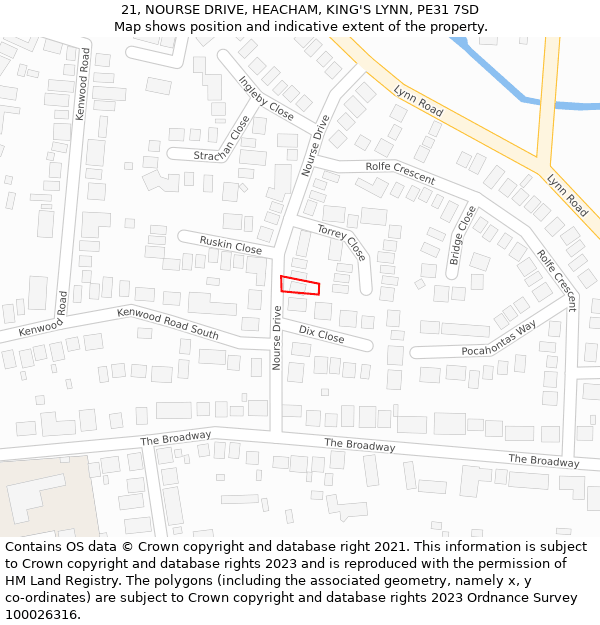 21, NOURSE DRIVE, HEACHAM, KING'S LYNN, PE31 7SD: Location map and indicative extent of plot