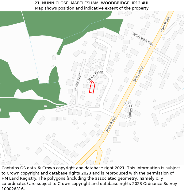 21, NUNN CLOSE, MARTLESHAM, WOODBRIDGE, IP12 4UL: Location map and indicative extent of plot