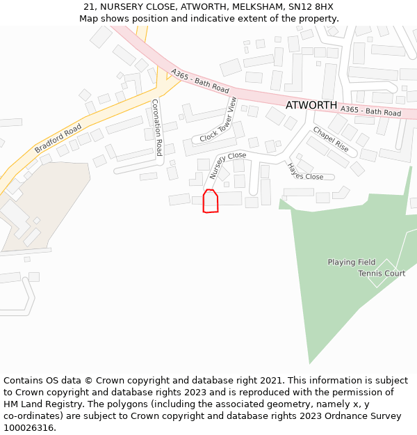 21, NURSERY CLOSE, ATWORTH, MELKSHAM, SN12 8HX: Location map and indicative extent of plot