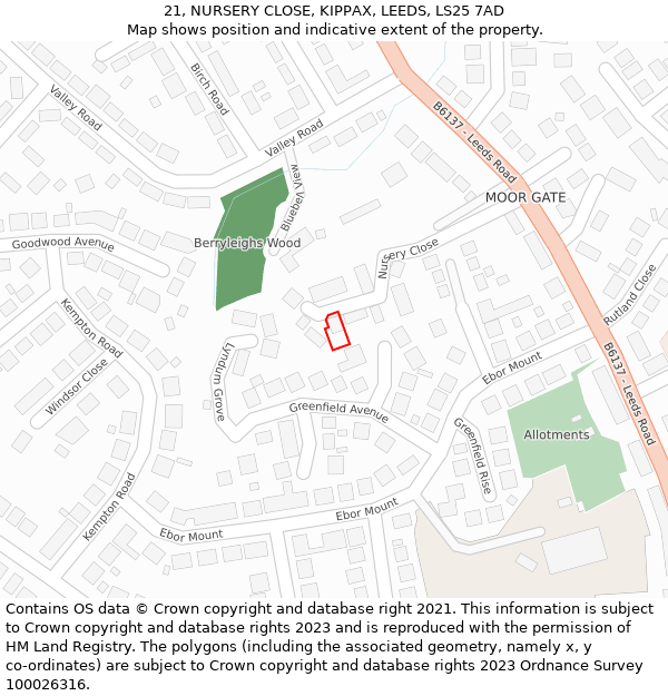 21, NURSERY CLOSE, KIPPAX, LEEDS, LS25 7AD: Location map and indicative extent of plot