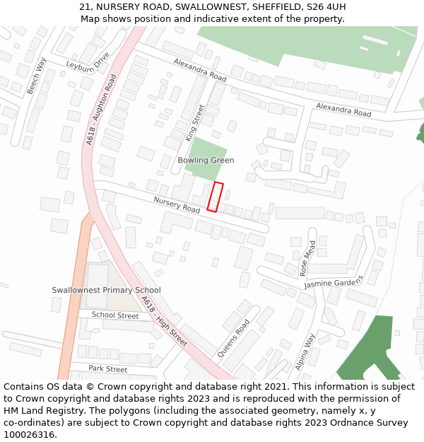 21, NURSERY ROAD, SWALLOWNEST, SHEFFIELD, S26 4UH: Location map and indicative extent of plot
