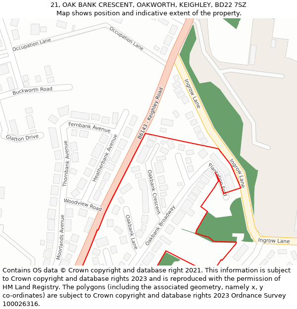 21, OAK BANK CRESCENT, OAKWORTH, KEIGHLEY, BD22 7SZ: Location map and indicative extent of plot