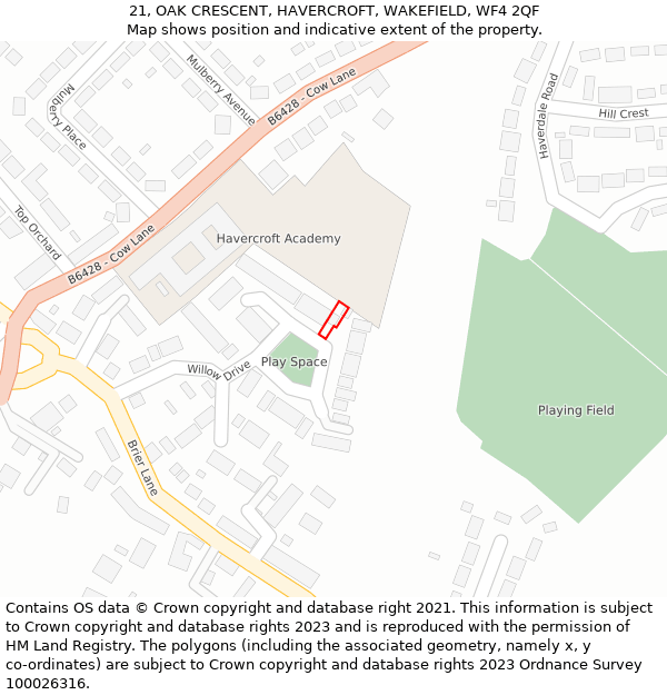 21, OAK CRESCENT, HAVERCROFT, WAKEFIELD, WF4 2QF: Location map and indicative extent of plot