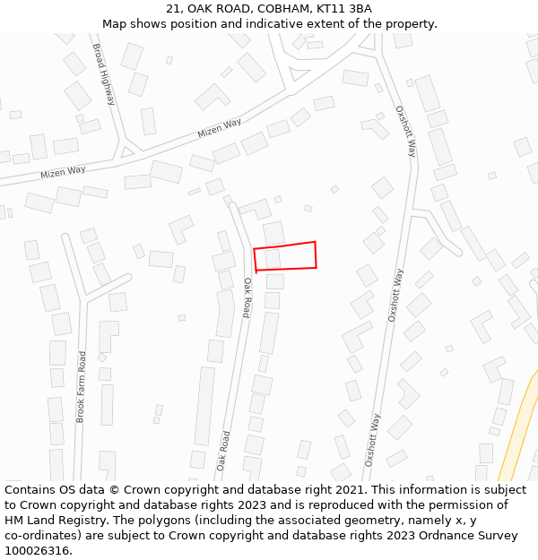 21, OAK ROAD, COBHAM, KT11 3BA: Location map and indicative extent of plot