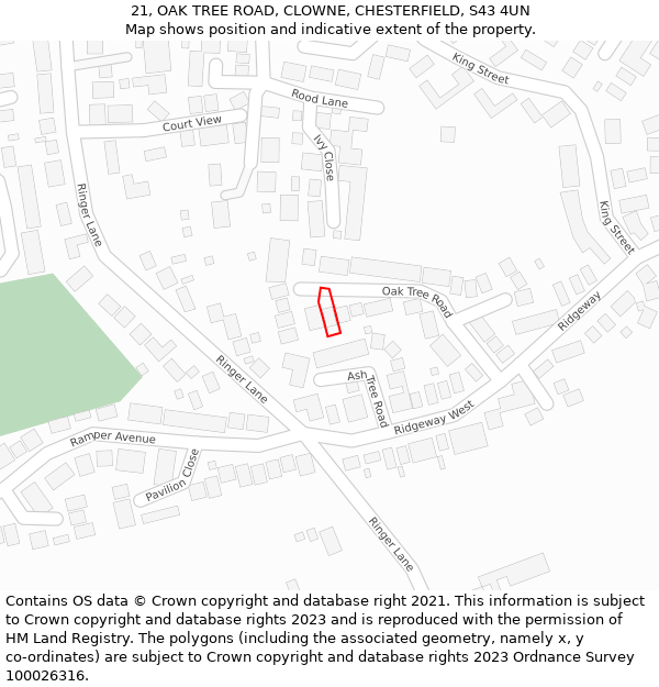 21, OAK TREE ROAD, CLOWNE, CHESTERFIELD, S43 4UN: Location map and indicative extent of plot