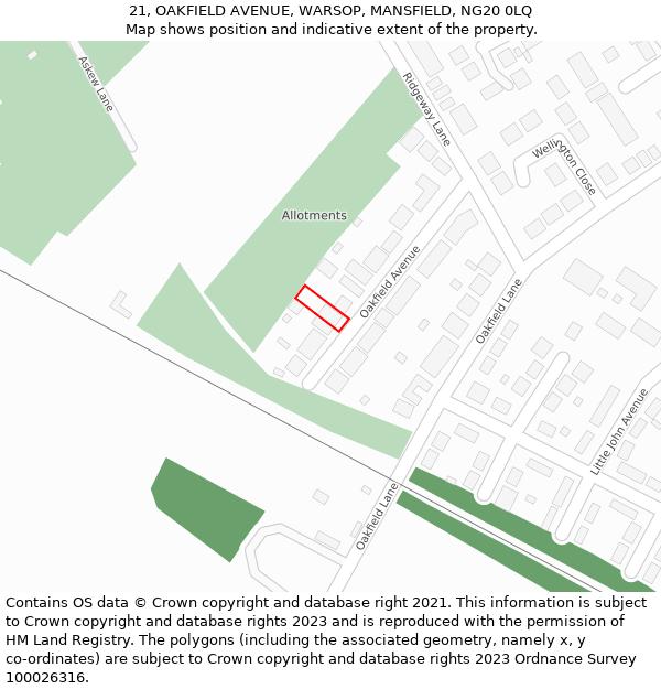 21, OAKFIELD AVENUE, WARSOP, MANSFIELD, NG20 0LQ: Location map and indicative extent of plot