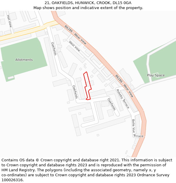 21, OAKFIELDS, HUNWICK, CROOK, DL15 0GA: Location map and indicative extent of plot